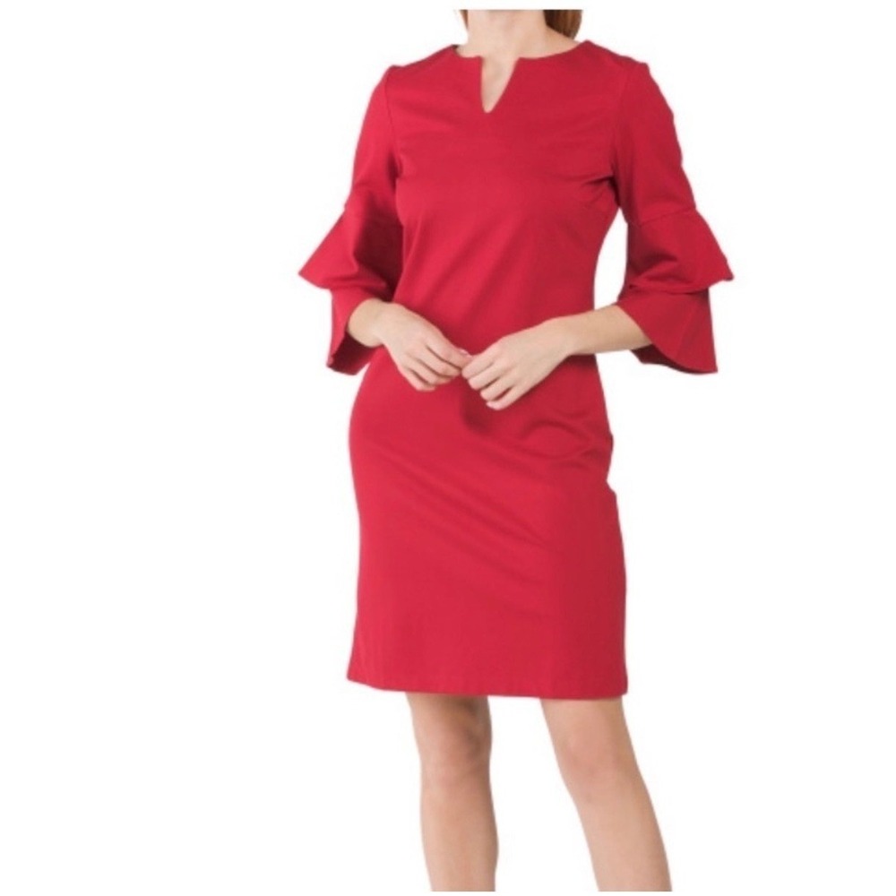 J.McLaughlin $228 Red Ruffle 3/4 Bell Sleeve Sheath Dress XS Split Neck Ponte